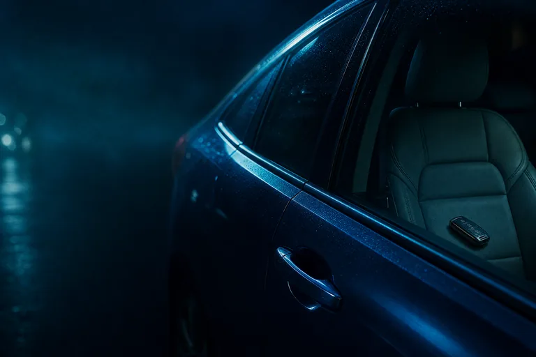 Conceptual nighttime vehicle lockout scene with a key fob visible inside the car
