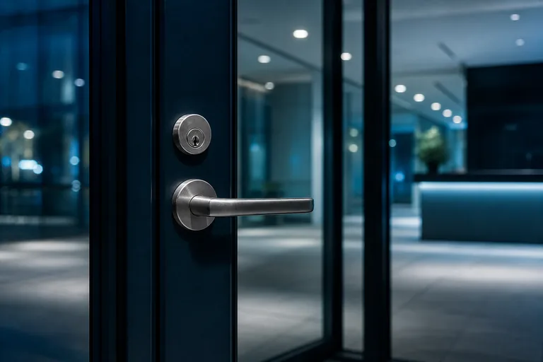 Conceptual after-hours commercial entrance with professional door hardware