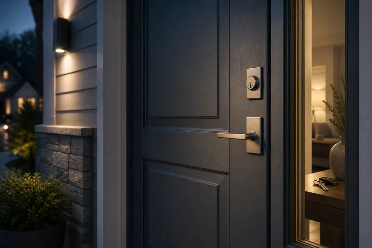 Conceptual residential lockout scene with a deadbolt and keys visible inside